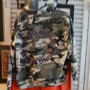 Camouflage Hoodie with Bold Purple Text